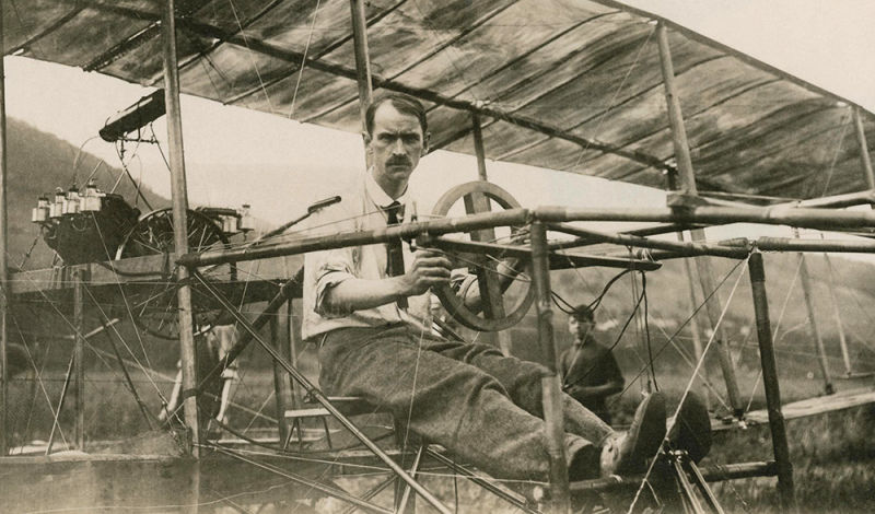 Glenn Curtiss at the controls of one of his early aircraft in 1908 (Author unknown)