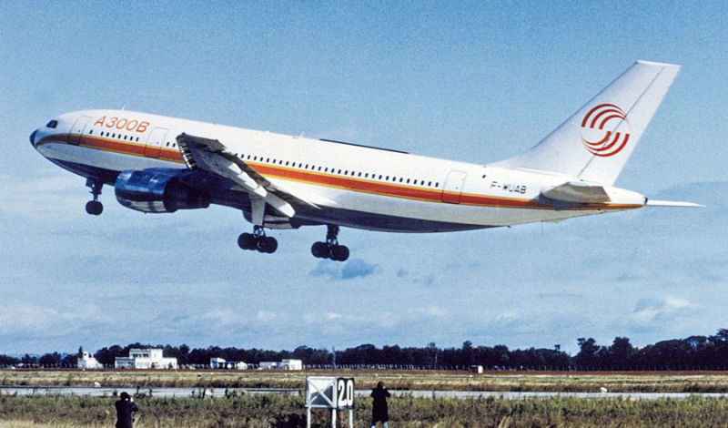 The prototype Airbus A300, the first airliner produced by Airbus and the world’s first twin-engine wide-body airliner (Airbus)