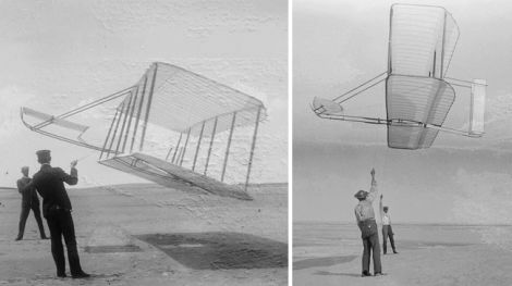 A comparison of the two gliders. At left is the rudderless 1901 glider. Note the high angle of attack, which comes from poor lift and high drag. Compare that with the 1902 glider on the right, which shows a flatter flying angle. Note that the tether lines are nearly vertical, showing a greatly improved lift-to-drag ratio. (US Library of Congress)