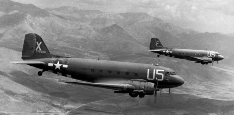 A pair of C-47 Skytrains in the air over France in 1945 (US Air Force)