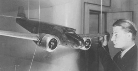 A young Kelly Johnson works with a scale model of the Lockheed Model 10 Electra. HIs redesign of the tail to improve stability brought him to the attention of Lockheed executives. (Lockheed Martin)