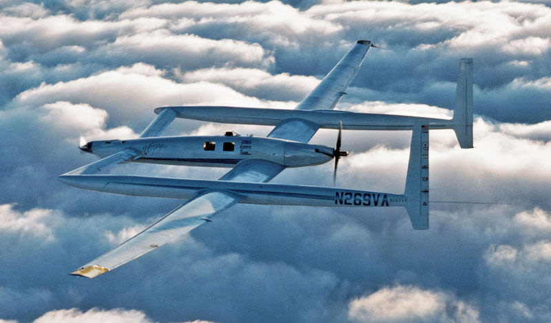 The Rutan Voyager in flight. Note the damaged left wingtip. (NASA)