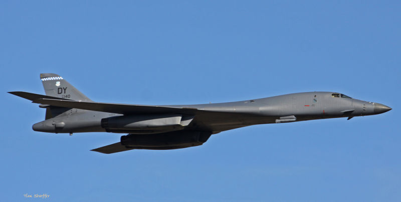 B-1B Lancer from Dyess Air Force Base with wings swept back for high-speed flight (Tim Shaffer)