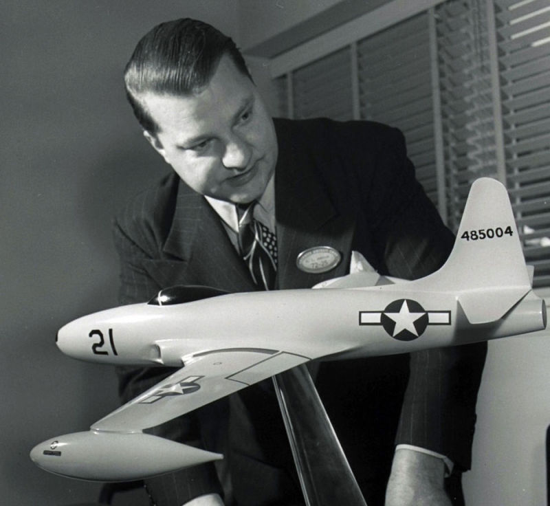Johnson with a model of the Lockheed P-80 Shooting Star, the US Air Force’s first operational jet fighter (Lockheed Martin)