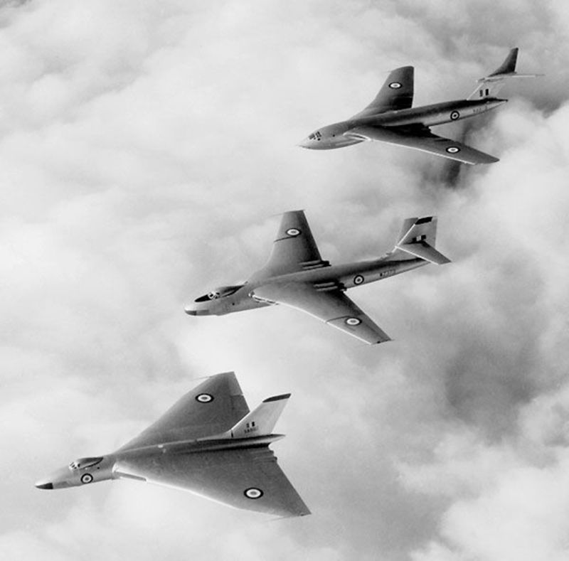 The V Bombers in flight: the Avro Vulcan, the Vickers Valiant, and the Handley Page Victor. (Author unknown)