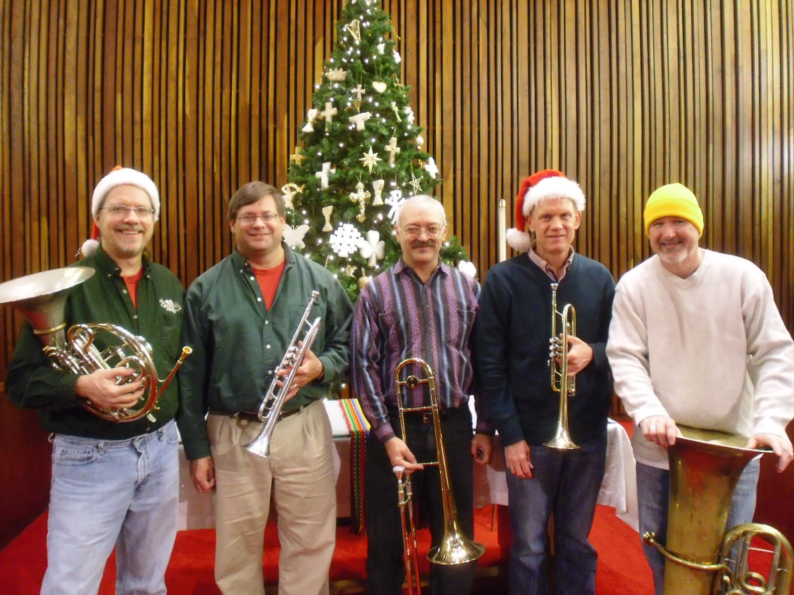 Pinnacle Brass: Tom Hale (ASO principal horn), Tim Shaffer (me, ASO third trumpet), Randy Zimmerman (local freelancer), Bob Cannon (ASO principal trumpet), Kerry Williams (local freelancer). This is an old photo, maybe even 10 years old. My hair is a lot grayer now. And a lot shorter. 