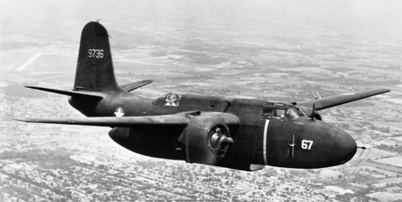 US Army Air Forces P-70 night fighter, painted black, with antennae set in the nose (US Air Force)