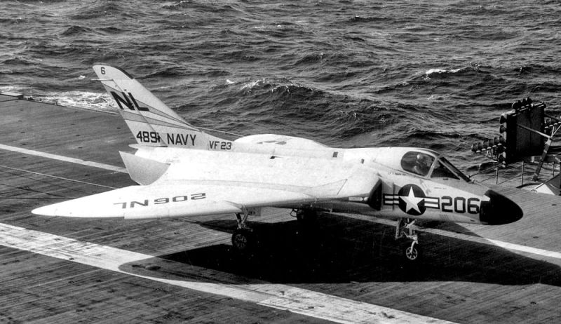 A US Navy Douglas F4D-1 Skyray from Fighter Squadron VF-23 Flashers aboard the aircraft carrier USS Hancock (CVA 19) in 1957 (US Navy)
