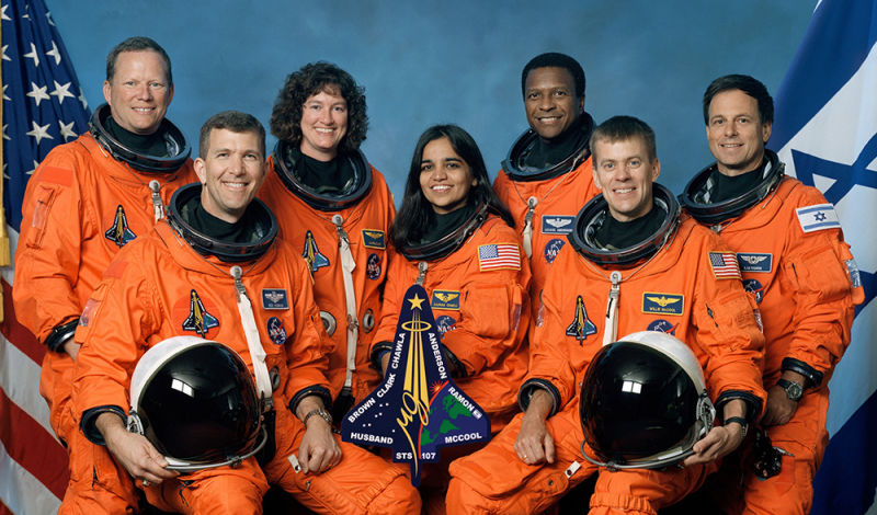 The crew of STS-107. From left to right are Mission Specialist David Brown, Commander Rick Husband, Mission Specialist Laurel Clark, Mission Specialist Kalpana Chawla, Mission Specialist Michael Anderson, Pilot William McCool, and Israeli Payload Specialist Ilan Ramon. (NASA)