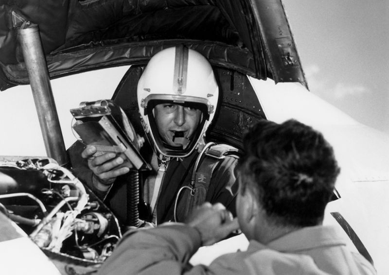 Test pilot Scott Crossfield in the cockpit of the Skyrocket following his record-setting Mach 2 flight. (NASA)