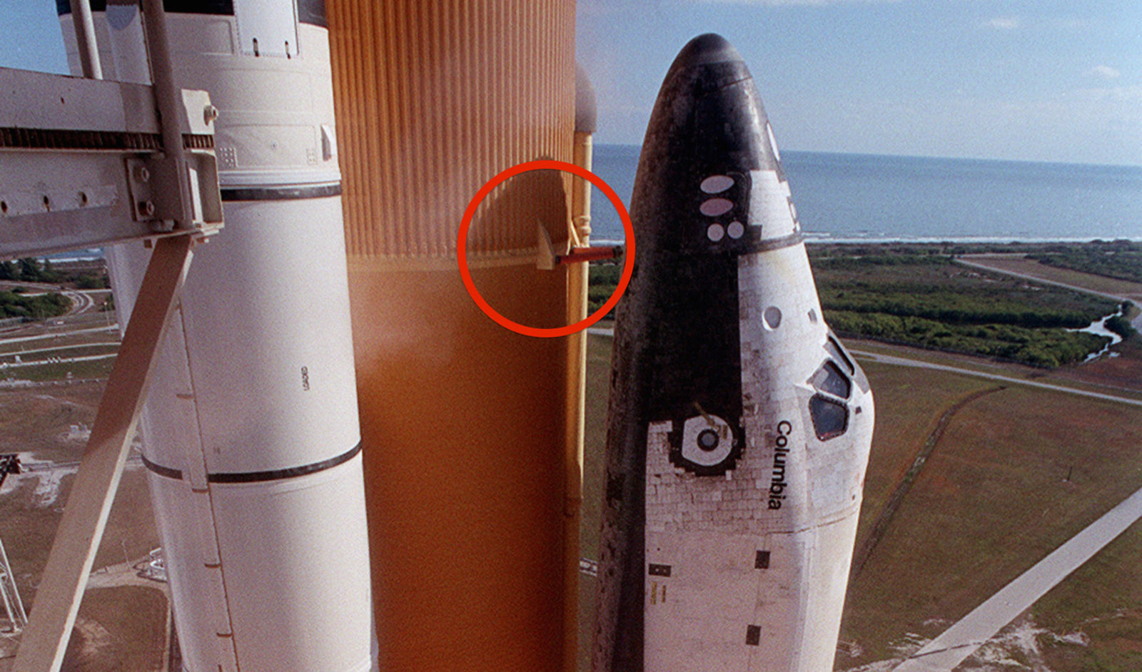 Taken just prior to launch, this photo shows the location of the foam debris that broke off and damaged the Shuttle’s wing (NASA)