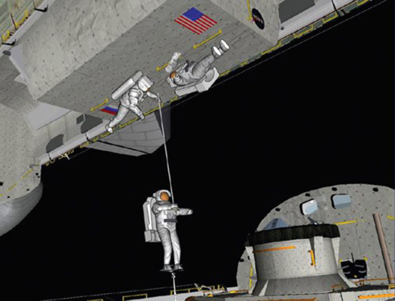 An illustration shows how the astronauts would have had to move between the orbiters after they rendezvoused in orbit. Such an exercise was completely untested, and fraught with risks. (NASA)