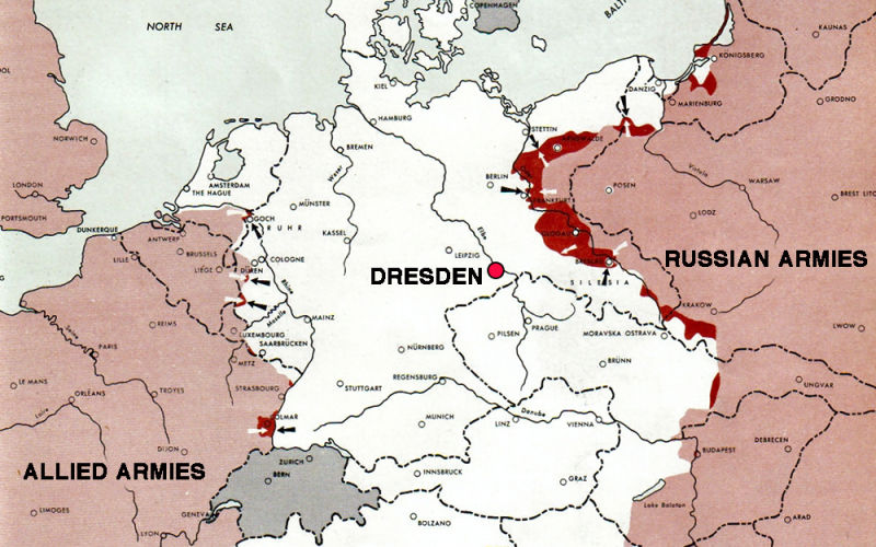 The front lines as they stood on February 15, 1945. Germany is being squeezed from the west by the Western Allies and from the East by Russia. (Original map US Army)