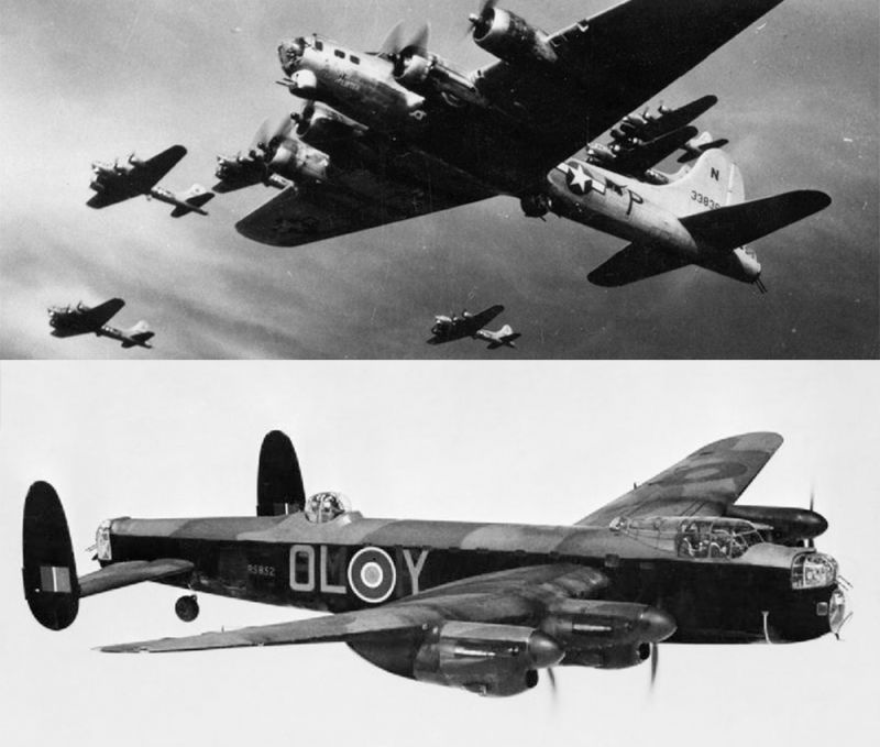 Top: 493rd Bombardment Group B-17 Flying Fortresses over Schleissmen, Germany in April 1945. Bottom: A Royal Air Force Avro Lancaster B Mark I of No. 83 Squadron RAF based at Scampton, Lincolnshire. (US Air Force; RAF)
