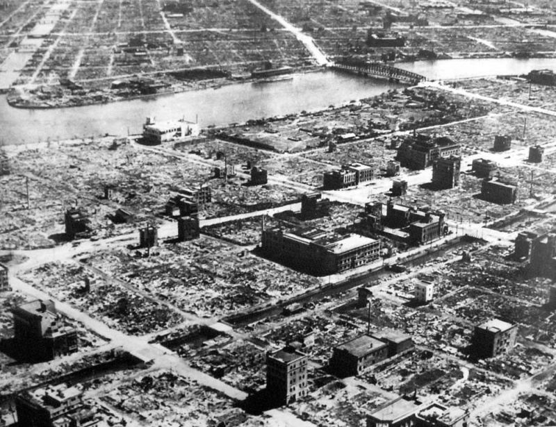 An aerial view of Tokyo following the first incendiary raid. All that remain are the concrete or stone structures. (US Air Force)