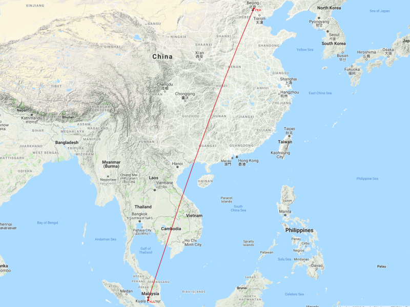 Scheduled route of MH370 from Kuala Lumpur to Beijing (Great Circle Mapper)