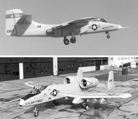 The Northrop YA-9, top, and Fairchild Republic YA-10, bottom. The YA-10 was the winner in the competition between the two aircraft. (US Air Force)
