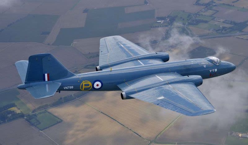 Canberra T.4 aircraft WJ874 painted to represent the first prototype Canberra, VN799, for its maiden flight on May 13, 1949 (British Ministry of Defence)
