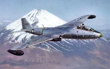 A US Air Force Martin B-57C Canberra of the 3rd Bombardment Group flies over Mt. Fuji in 1957. Note the tandem cockpit added to increase visibility for pilot and navigator. (US Air Force)