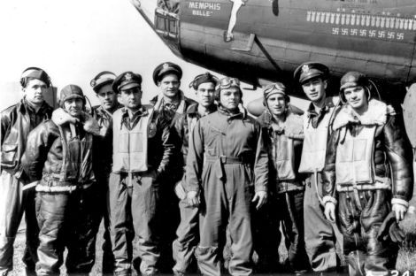 The crew of Memphis Belle prior to their final mission (L to R): Harold P. Loch; Cecil H. Scott; Robert Hanson; James Verinis; Robert K. Morgan; Charles B. Leighton; John P. Quinlan; Casimer A “Tony” Nastal; Vincent Evans; Clarence E. “Bill” Winchell. Note the mission markings on the aircraft. Each bomb represents a mission, and the star above indicates mission leader. The swastikas denote victories over German fighters. (US Air Force)