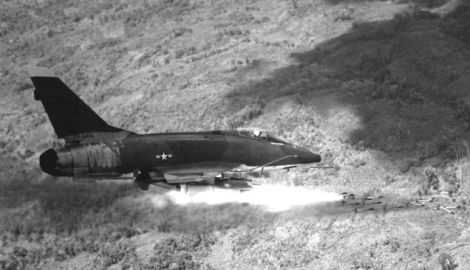 A US Air Force F-100D Super Sabre launches rockets against ground targets in Vietnam (US Air Force)