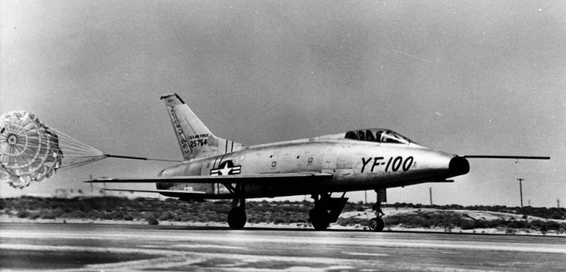 The North American YF-100, the prototype for the F-100 Super Sabre, deploys a braking parachute on landing (US Air Force)