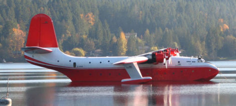 Martin Mars water bomber of Coulson Flying Tankers moored in a lake in Vancouver, Canada (Alex Juorio)