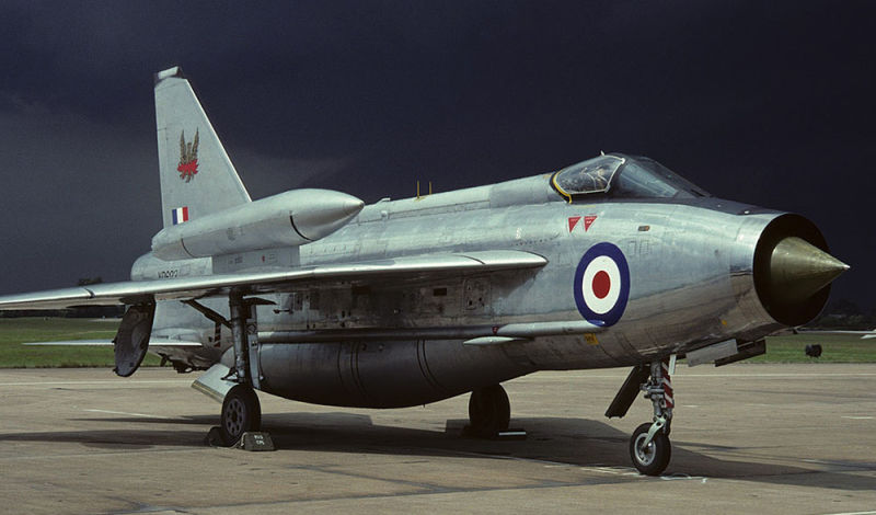 An RAF Lightning F6 fitted with overwing external fuel tanks, another unique feature of the powerful interceptor