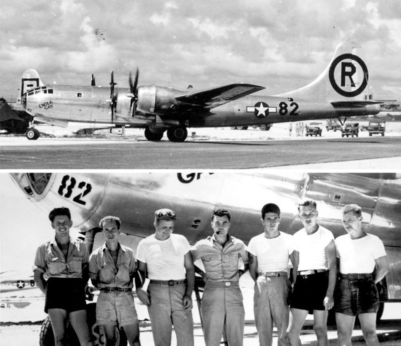 Top: The Silverplate Boeing B-29 Superfortress Enola Gay on Tinian following the mission to Hiroshima. The original fin flash on the Enola Gay was the circle and arrow of the 509th Composite Group. It was changed to a circled letter R to match other bombers based on Tinian to hide its mission. Bottom: The crew of the Enola Gay. Paul Tibbets is center.
