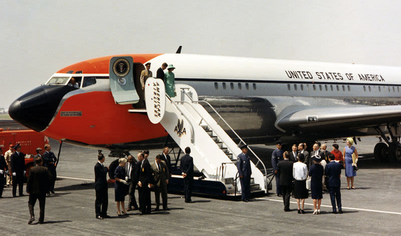 President John F. Kennedy and First Lady Jacqueline Kennedy arrive in Mexico City on a Boeing VC-137A