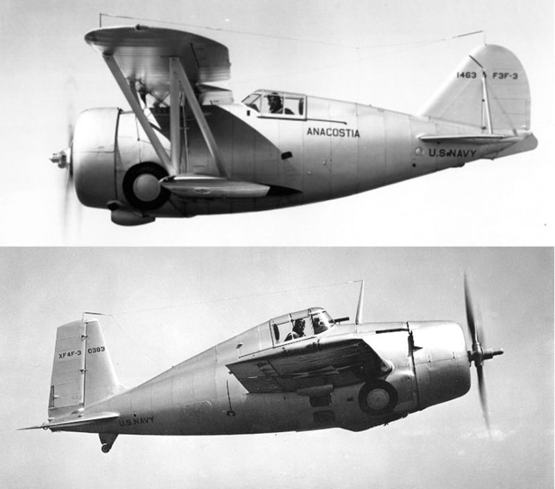 A Grumman F3F-3 on top, and the XF4F-3 Wildcat prototype below. The lineage between the two fighters is clear.