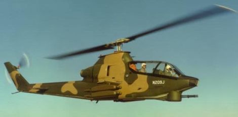 The Bell 209, the prototype for the AH-1. The prototype originally had retractable landing skids which were later replaced with fixed skids. 