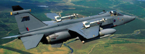 An RAF Jaguar showing the unique placement of air-to-air missiles on top of the wing