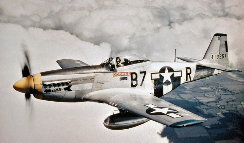 Lt. Vernon L. Richards pilots his P-51D Mustang Tika IV somewhere over England, circa 1944-1945