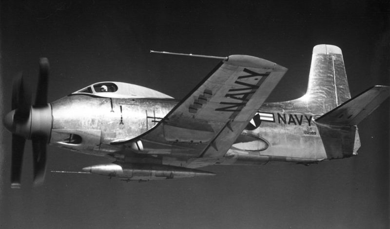 The second prototype XA2D-1 Skyshark in flight over Edwards Air Force Base. This aircraft made its first flight on April 3, 1952.