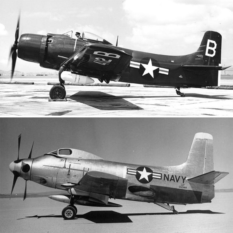 A Skyraider with a turboprop engine. Douglas AD-1 Skyraider, top, with a Douglas XA2D-1 below for comparison. 