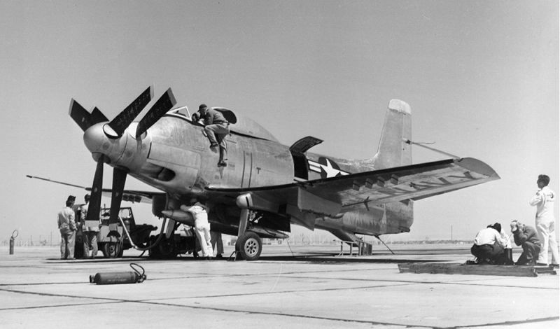 Engineers prepare the second prototype XA2D-1 Skyshark for a flight at Edwards Air Force Base circa 1952